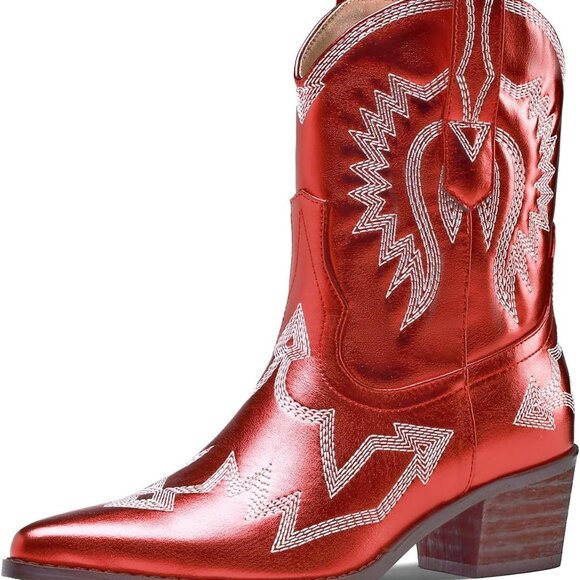 Shoes - Women Cowboy Boots Faux Leather Ankle Embroidered Pointed Toe Chunky Heel